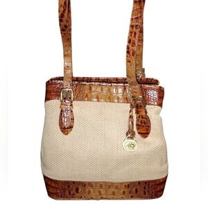 Brahmin Beige Canvas and Brown Croc-Embossed Leather Shoulder Bag